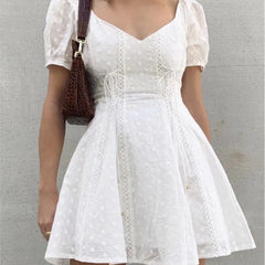 Lunivop  Sweet White Embroidery Hole Stitching Lace Cross Lacing up Short Puff Sleeve Dress Woman French Mini Dresses Holiday Robe