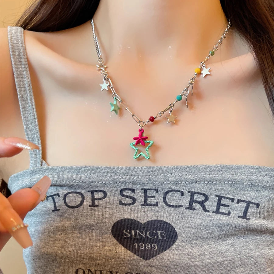 Lunivop New Fashion Cute Pink Green Star Pendant Necklace for Women Niche Design Charms Necklace Sweet Elegant Vacation Party Jewelry