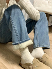 Lunivop  Thickened Fleece High Waist Straight Leg Jeans Women Winter New Loose Slim Warm Wide Leg Jeans Floor-Length Trousers Streetwear