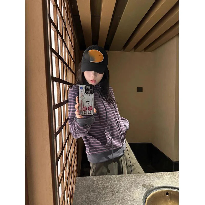 Lunivop  Purple Striped Double Zippers Sweatshirt Women Autumn Winter Stand Collar Loose Casual Coats Top Y2k Grunge Streetwear
