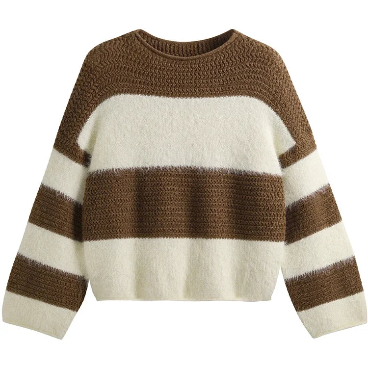 Lunivop Fuzzy Striped Sweater Women Pullovers Cozy Loose Long Sleeve Crop Knit Jumper Knitwear Teen-girl Fall Winter Casual Chic Outfit