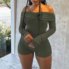 Lunivop  Elegant Sexy Off-shoulder Slash Neck Long Sleeve Pleated High Waist Backless Solid Color Fashion Jumpsuit Shorts Club Streetwear