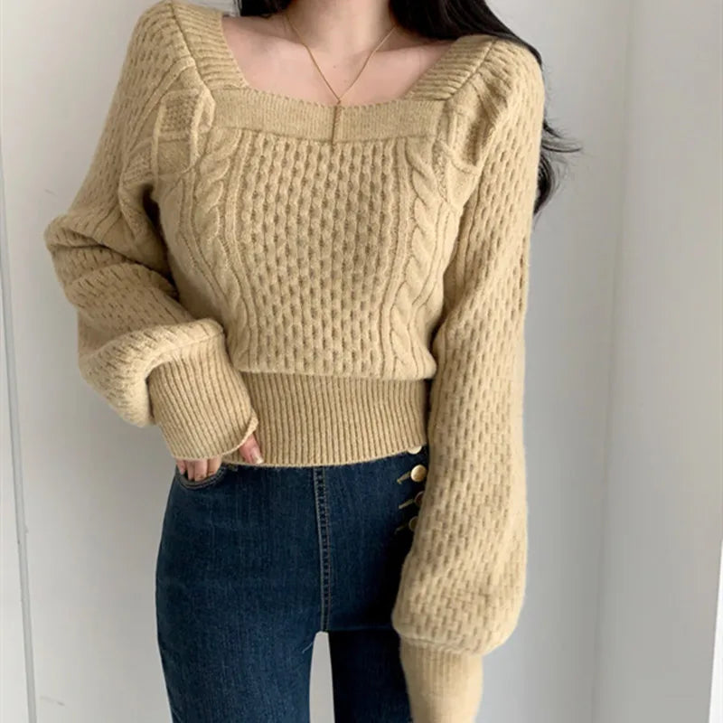 Lunivop Square Neck Knitted Sweater Long Sleeve Cable-knit Crop Jumper Women's Pulover Teen-girl Fall Winter 2025 Basic Outfit