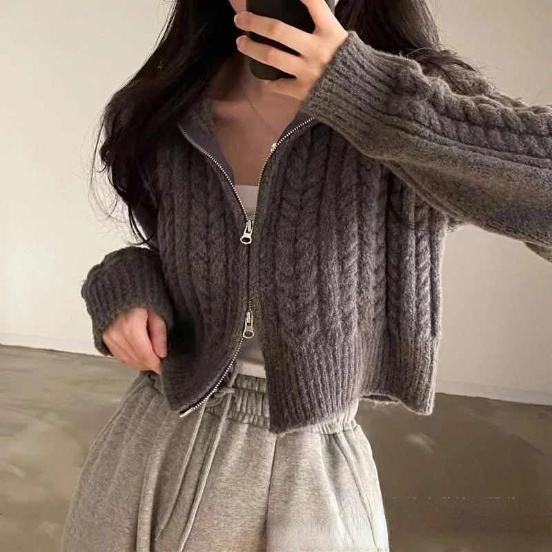 Lunivop  Harajuku Sweet Double Zipper Tops Womnen Y2k Vintage Crop Top Sweaters Mujer Long Sleeve Loose Knitted Cardigan