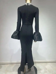 Lunivop Woemn's Evening Dress Diamonds Collar Flare Long Sleeve High Waist Sliming Elegant Party Dress 2025 New Clothing