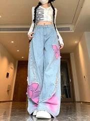 Lunivop  American Vintage Butterfly Embroidered Jeans for Women Spring Autumn New Straight Denim Pants High Waist Wide Leg Pants