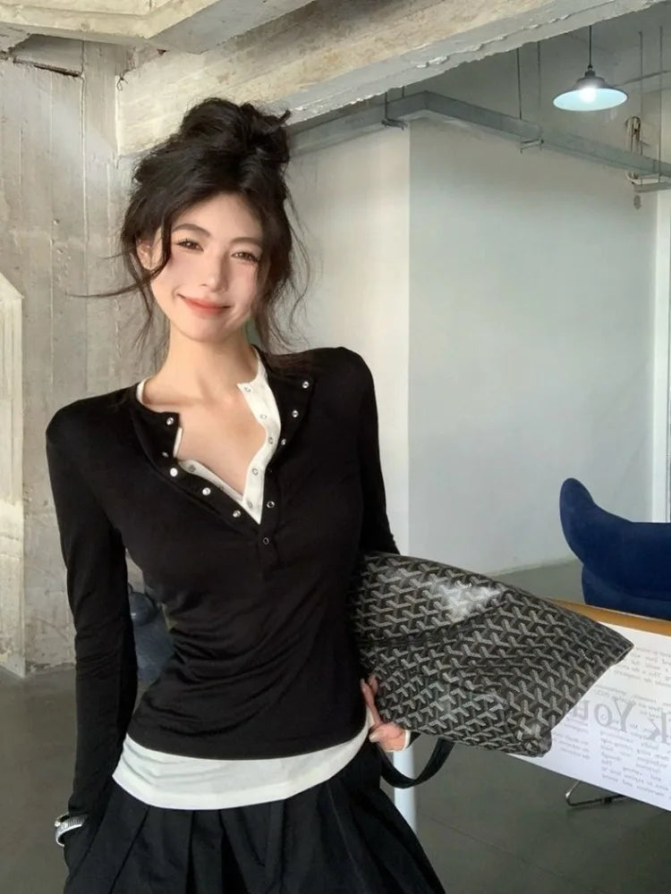Lunivop  Korean Chic Design Fake Two Pieces Long Sleeves Shirt Women Autumn 2024 New Elegant All Match Slim Fit Slimming Base Tops Winter
