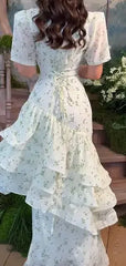 Lunivop  Women Chic V-neck Ruffle Puff Sleeves Flowy Dress Cream Floral Ruched Waist-cinching Dresses Ladies New Daily Party Gowns