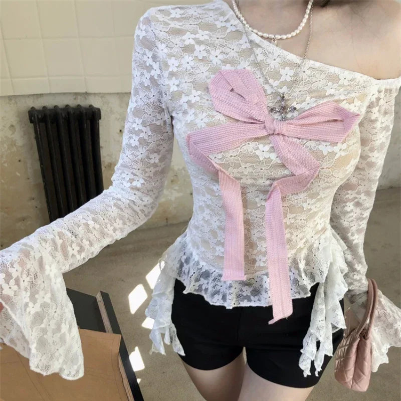Lunivop High Street Hollow Sheer Sexy Long-sleeved T-shirt Women Autumn New Skew Collar Strapless Contrast Color Patchwork Tops
