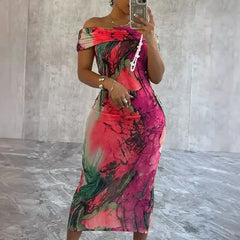 Lunivop  Tie Dye Printing Bodycon Midi Dresses for Women Elegant Off the Shoulder Slash Neck Slim Fit Party Dress Holiday