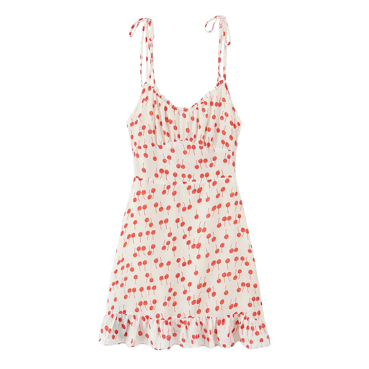 Lunivop  Women French Style Retro Cherry Fruit Print Wood ear Ruched Chest Bow Lacing Up Sling Dress Short Chiffon Dresses Holiday Robe