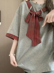 Lunivop  Pure Cotton Cute Bow T Shirts Women Vintage Preppy Style Plaid Patchwork Tees Casual Loose Letter Japan Kawaii Lace Up Tops