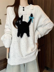 Lunivop Cute Cartoon Bow Sweaters Women Loose Vintage Long Sleeve Kawaii Knitted Jumper Japan Casual Preppy Style Retro Pullovers