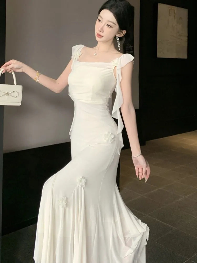 Lunivop Fashion Slim Wasit Bodycon Evening Women Dresses New Flying Sleeve Korean  Sexy Elegant Mesh Solid Flowers Mermaid Dress