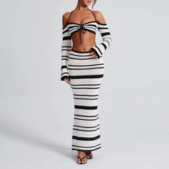 Lunivop  Knit Stripe Women 2 Piece Set Halter Slash Neck Lace Up Long Sleeve Tops and Maxi Skirts Sexy Mujer Club Midnight Suit
