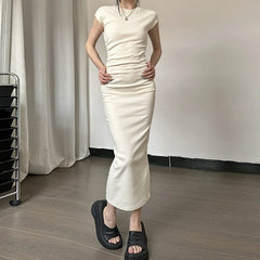 Lunivop Solid Color Short Sleeve White Slim Long Dress Casual Streetwear Daily Outfit Summer Korean Fashion For Women Clothes