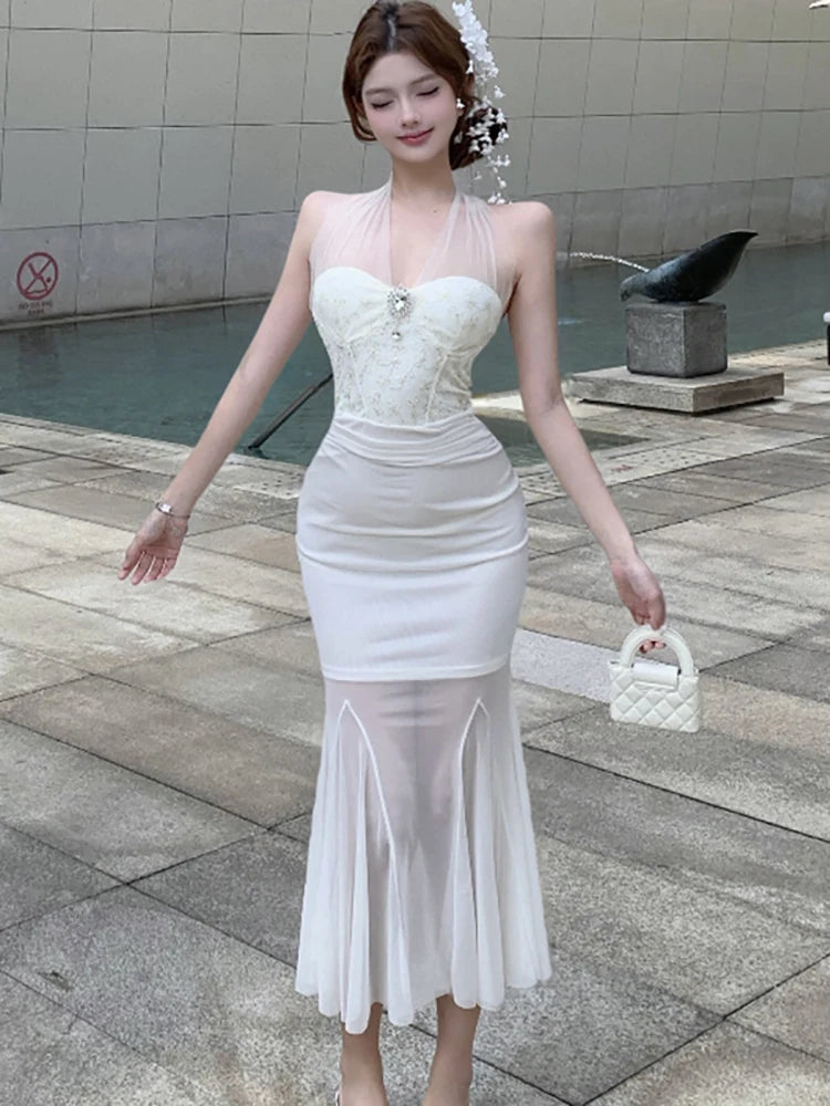 Lunivop  Summer White Mesh Patchwork Ruffled Mermaid Dress Women Elegant Diamonds Neck-mounted Sexy Dress 2025 Korean Luxury Party Dress