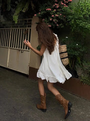 Lunivop White Sleeveless Ruffles Mini Dress Women Casual Boho Beach Sundress Cute Girl Home Dresses Loose Summer Dress Oversize