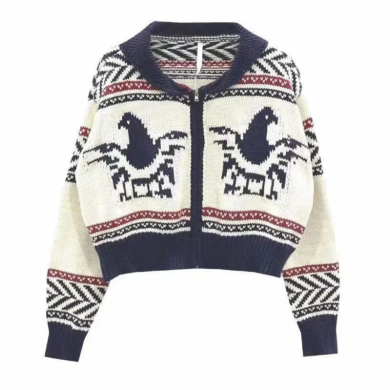 Lunivop Knitted Zip Up Cardigan Women Vintage Fair Isle Zipper Front Cropped Sweater Jacket Knitwear Autumn Winter Outfit