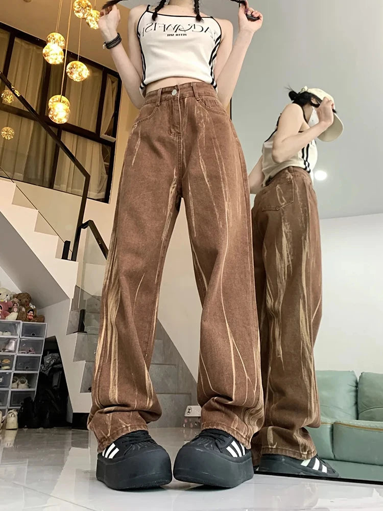 Lunivop  Tie Dye Retro Brown Jeans Women High Waist Streetwear Y2K Denim Pants American Loose Casual Lady Vintage Harajuku Trousers