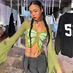Lunivop Halter Butterfly Print Long Sleeve High Waist Crop Top Tshirts Summer Y2K Streetwear 2024 Fashion Casual Clothes