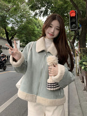 Lunivop Faux Suede Lamb Jackets Women Winter Warm Thick Sweet Cute Short Coat Korean Vintage Loose Long Sleeve Preppy Style Tops
