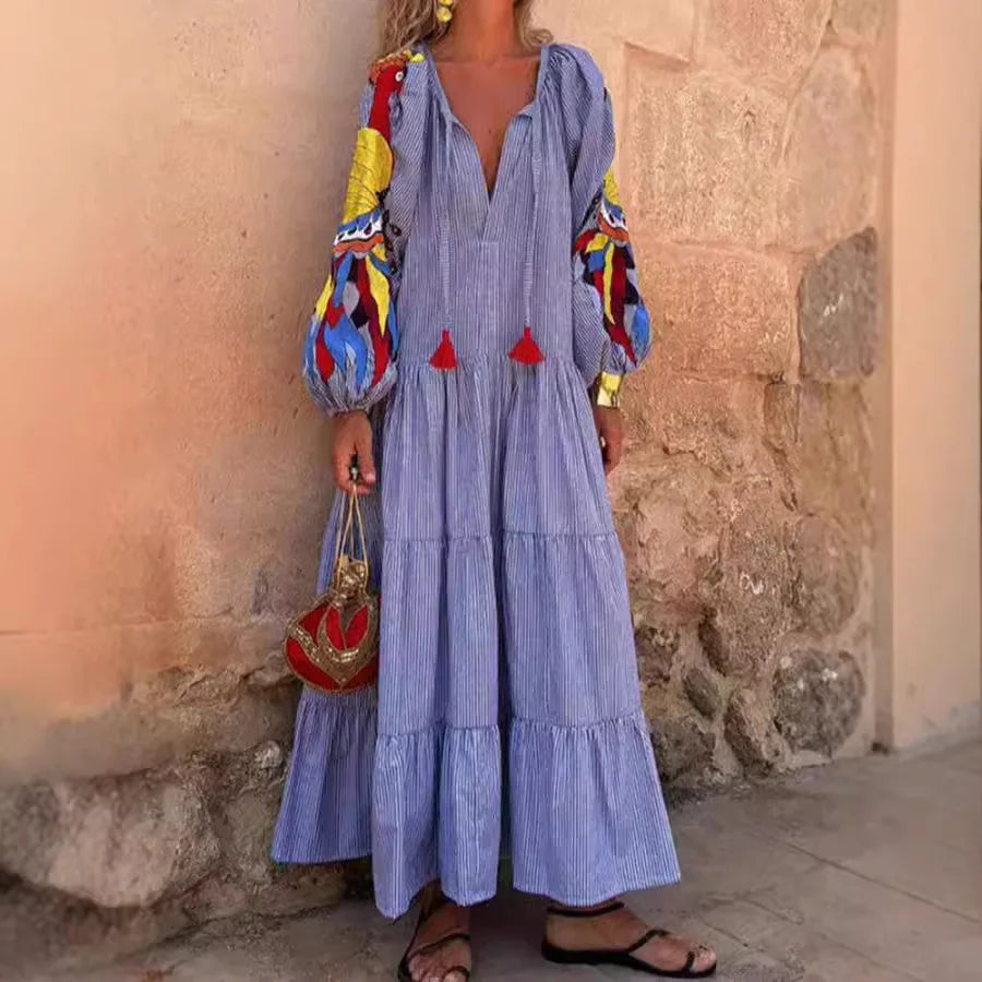 Lunivop  Autumn Fashion New Women's Loose Long Sleeve Striped Splicing V-neck Lantern Sleeve Printed Loose Long Dress