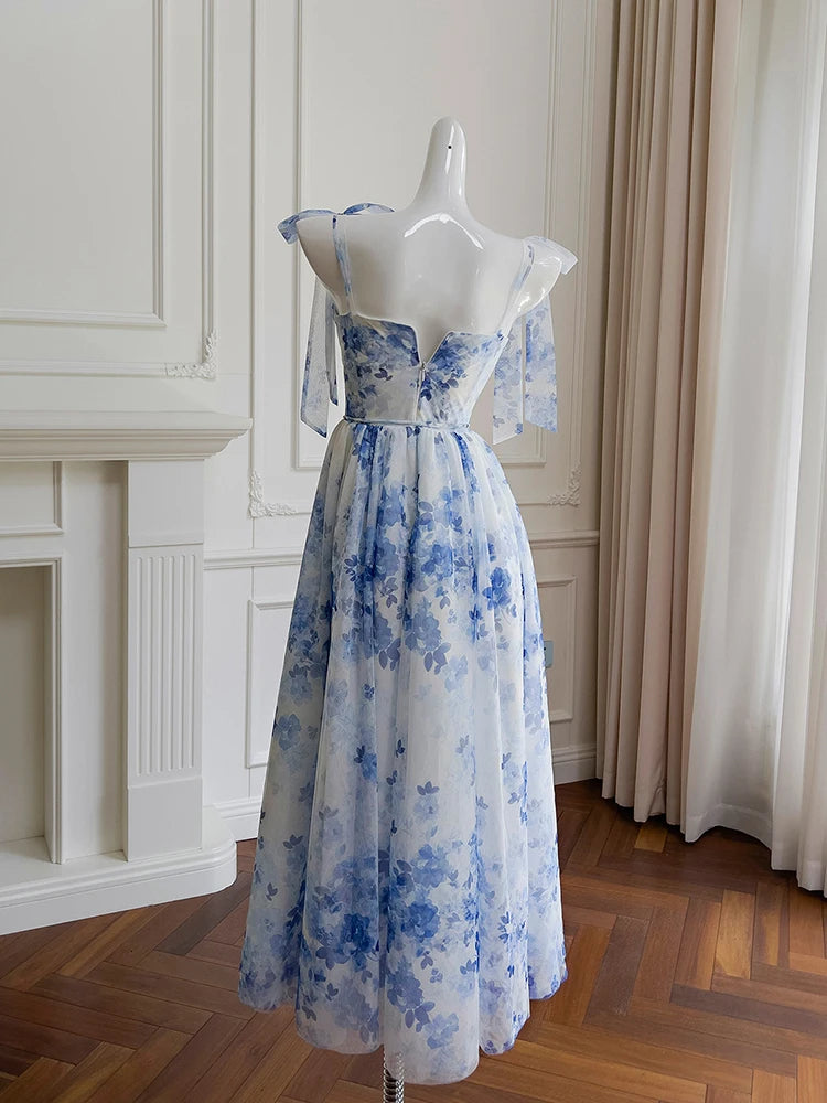 Lunivop  Blue Flower Pattern Charming Women Dress Bow Tie Detail Sleeveless 2025 Spring And Summer New Dresses Female