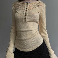 Lunivop Hollow out Crop Tops y2k Aesthetic Round necked Fairy Grunge Women Knitted Button Long Sleeve Slim TShirts Harajuku Tees Clothes