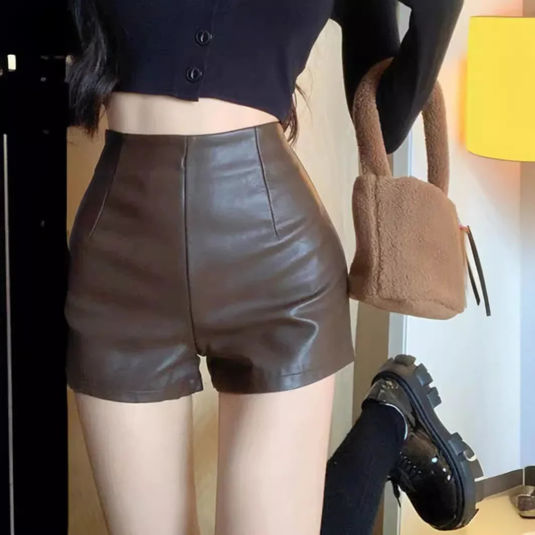 Lunivop Women's New Autumn Black Leather Shorts High-waisted Slimming Tight A- line Casual Pants For Smooth Slimmed Silhouette