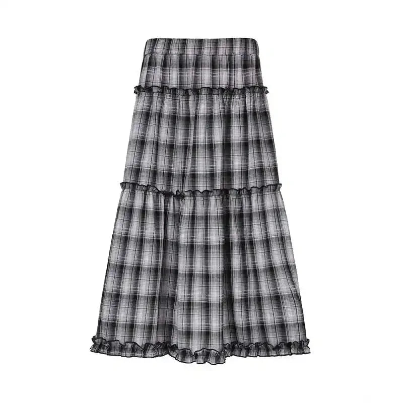 Lunivop Streetwear Contrast Color Plaid Sexy A-line Skirt Women 2024 Autumn New Korean Pleated Loose All Match Mid-length Skirt