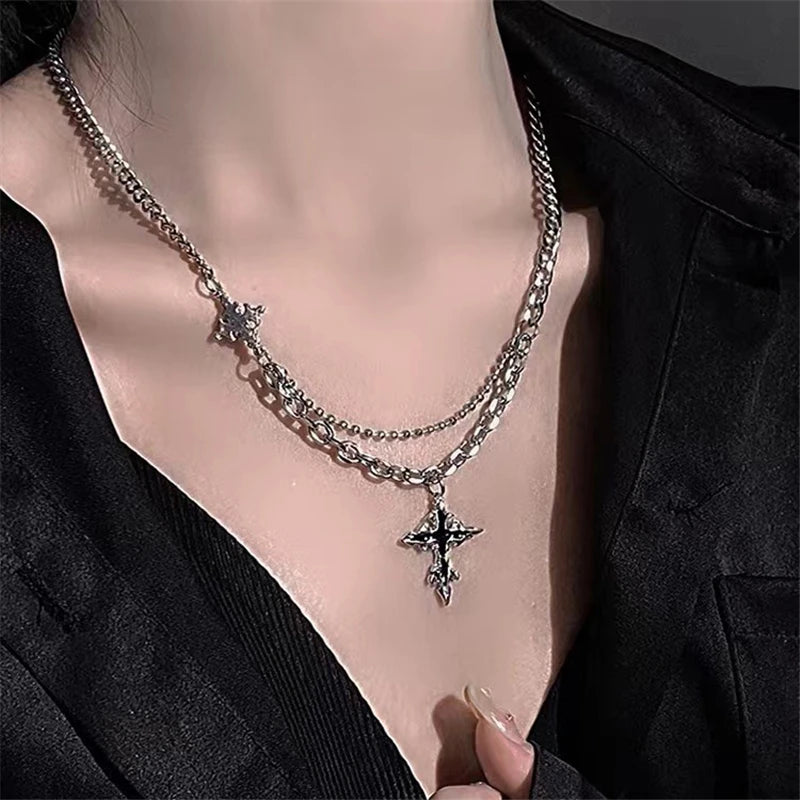 Lunivop Kpop Goth Punk Black Cat Big Star Pendant Chain Pink Cross Heart Beaded Necklace For Girl Men Y2K 2000s EMO Jewelry Accessories