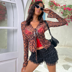 Lunivop Leopard Print Sheer See Through Mesh Women'S Tops Tshirt Summer Y2K Streetwear Casual Clothes 2024 Blouse Beachwear