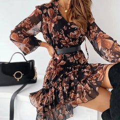 Lunivop  Women Floral Print Pleated Dress V-neck Long Sleeve Ruffled A-line Wrapped Dress Spring Summer Vacation Beach Dresses Streetwear