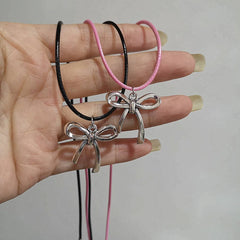 Lunivop Goth Y2K Bowknot Pendant Pink Black Leather Rope Necklace For Girl Aesthetic EMO 2000s Antique Silver Color Jewelry Accessories