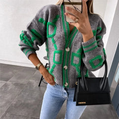 Lunivop  Woman Long Sleeve Sweater Short Loose Knitwear Jumper Autumn Winter V neck Striped Geometric Knitted Cardigan Vintage