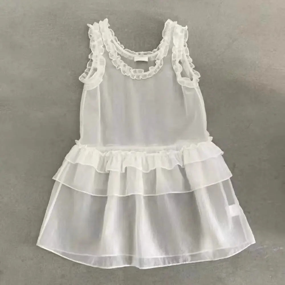 Lunivop Korean Style Lace Tank Tops Women Y2k Fairycore White Ruffle Sleeveless Dress See-through Aesthetic Kpop Mesh Dress