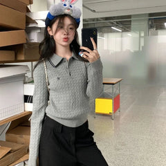 Lunivop Preppy Style Embroidery Sweaters Women Old Money Style Korean Knitted Pullover Vintage Long Sleeve Gray Polo Jumpers