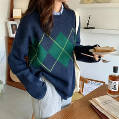 Lunivop  Autumn and Winter Fashion New Women's Loose Sweater Elegant Knitted Diamond Grid Retro Warm Cashmere Thick Hoodie Jumper