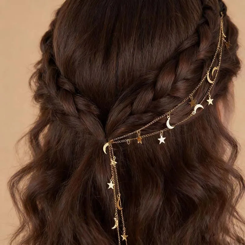 Lunivop  1Pcs Fashion Moon Star Braided Hair Clip For Women Elegant Metal Long Tassel Chain Hair Chain Hair Accessories