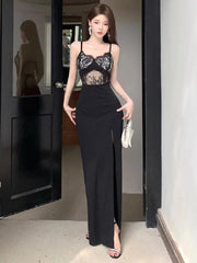 Lunivop  Woman Dress Sleeveless Hollow Out Sexy Elegant Slim Split Lace Patchwork V Neck Backless Party Dresses Female Fashion