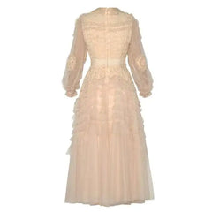 Lunivop Solid Mesh Dresses Women's 3D Flower Nail Bead Long Sleeve Hollow Out Waist Fashion Dress Female 2025 New