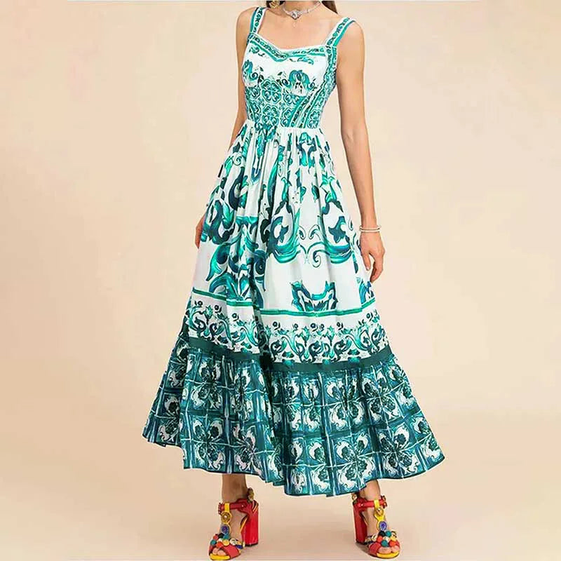 Lunivop  Summer New European and American Women's Fashion Bohemian Elegant Light Luxury Mid length Printed Strap Dress