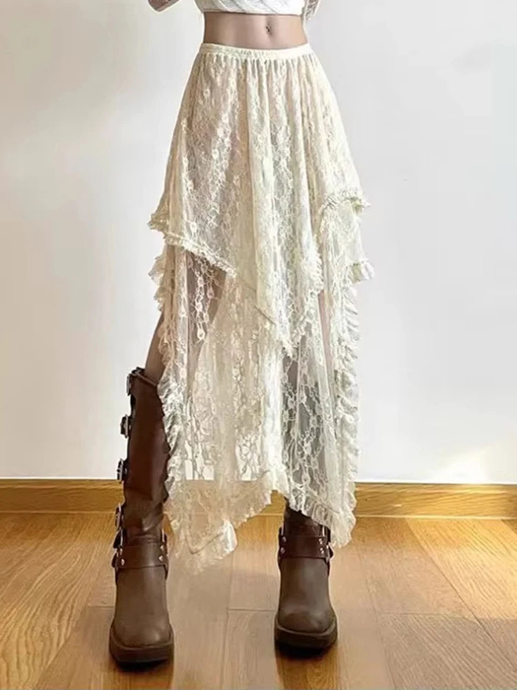 Lunivop Women Lace Skirt Vintage Y2K Aesthetic Summer Fashion High Waist Mid Skirts Ladies Holiday Outfits New