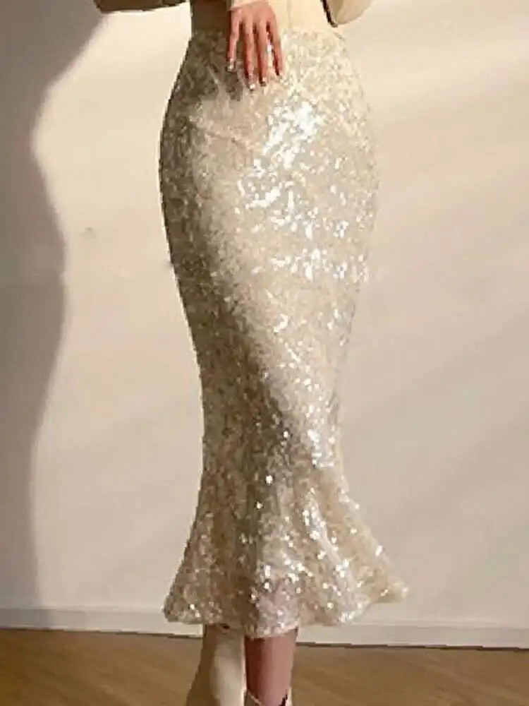 Lunivop Elegant Sequins Design Sense Skirt A-line Slim High Waist Party Fishtail Skirts For Women 2025 New Spring Clothing