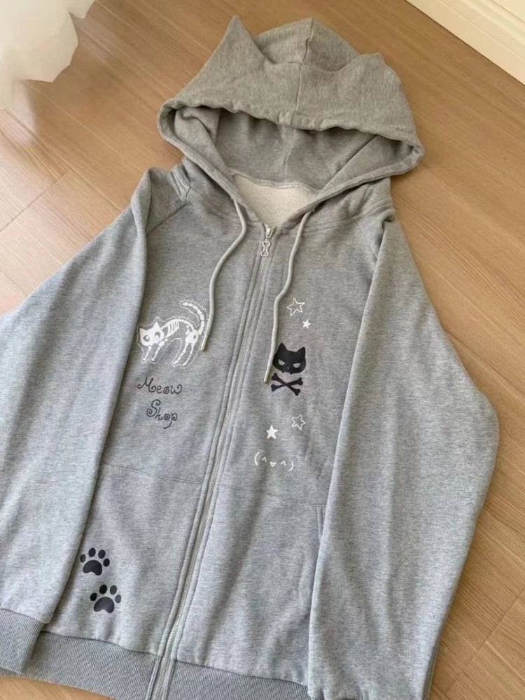 Lunivop Kawaii Sweet Gothic Hoodies Women Japanese Style Y2k Harajuku Cute Cartoon Print Zipper Hooded Loose Sweatshirt New