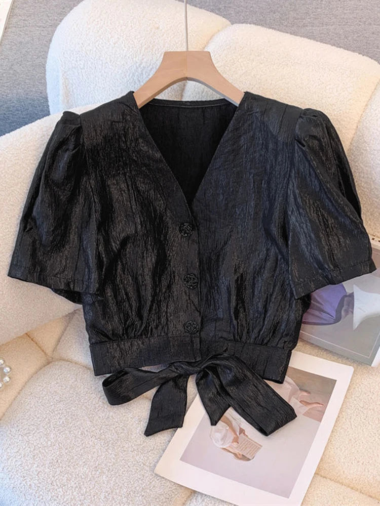 Lunivop  Cropped Sexy Slim Satin Shirt Women Vintage Back Bow Lace Up Puffy Sleeve Blouse Korean Fashion V Neck Elegant Short Tops