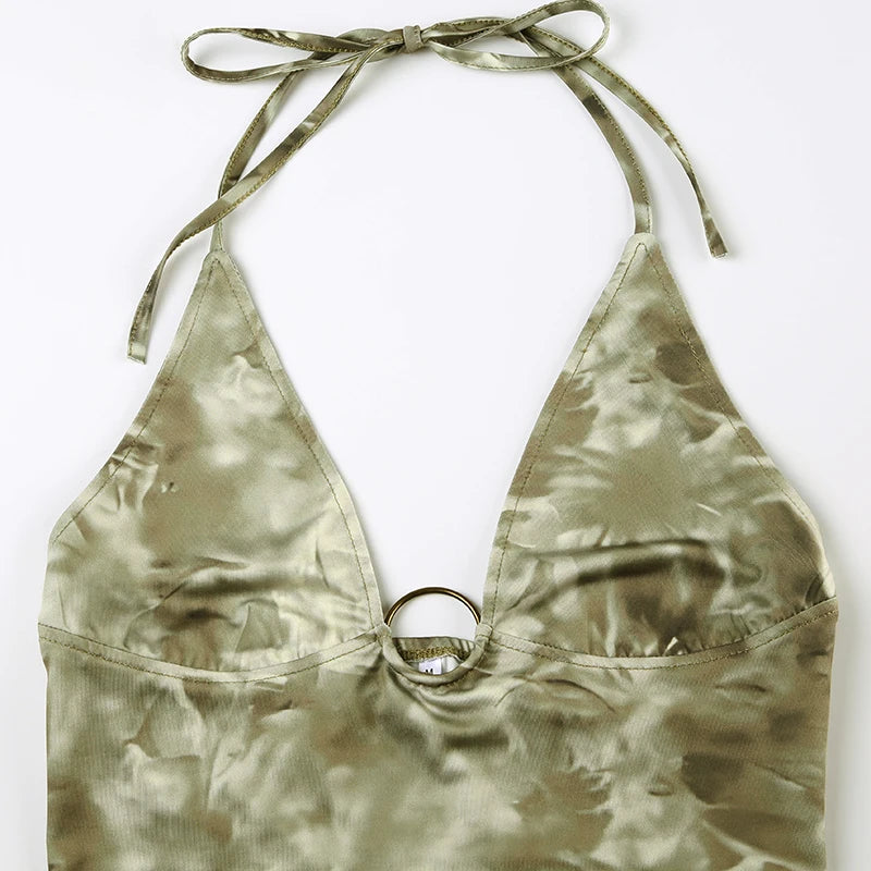 Lunivop  Summer Cute Green Print Crop Top Sexy V-neck Sleeveless Camis Women Lace-up Halter Strap Vest y2k Holiday Tees Aesthetic