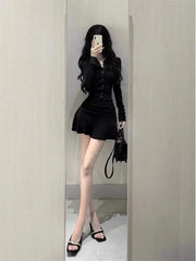 Lunivop  Bla Pleated Long Sve irt Dr Slim Fit A-Line  Skirt Women's Faion Early Spring New Sle Spicy Girl Waist...