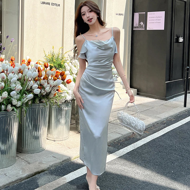 Lunivop  Women Solid Satin Chic Ruffled Lace Sling Long Dress Korean Vintage Luxury Dance Party Dress Summer Elegant Bodcyon Dresses